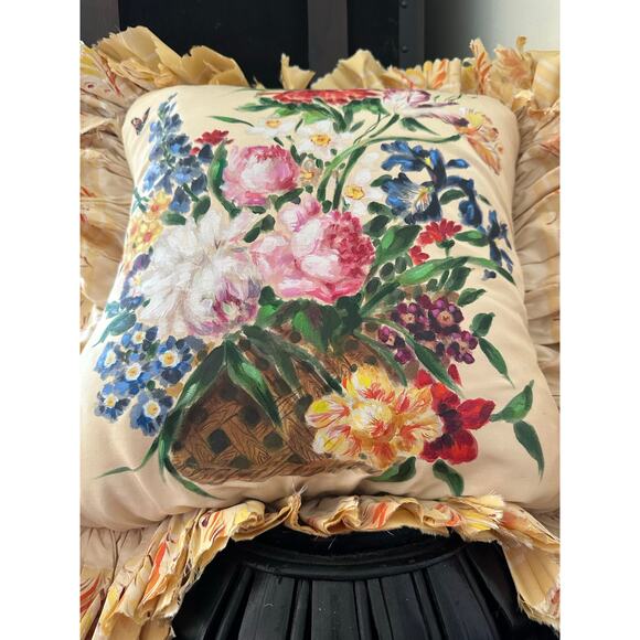 Vintage Silk Victorian Pillow Hand Painted ruffled yellow Dawn filled READ - Picture 11 of 16